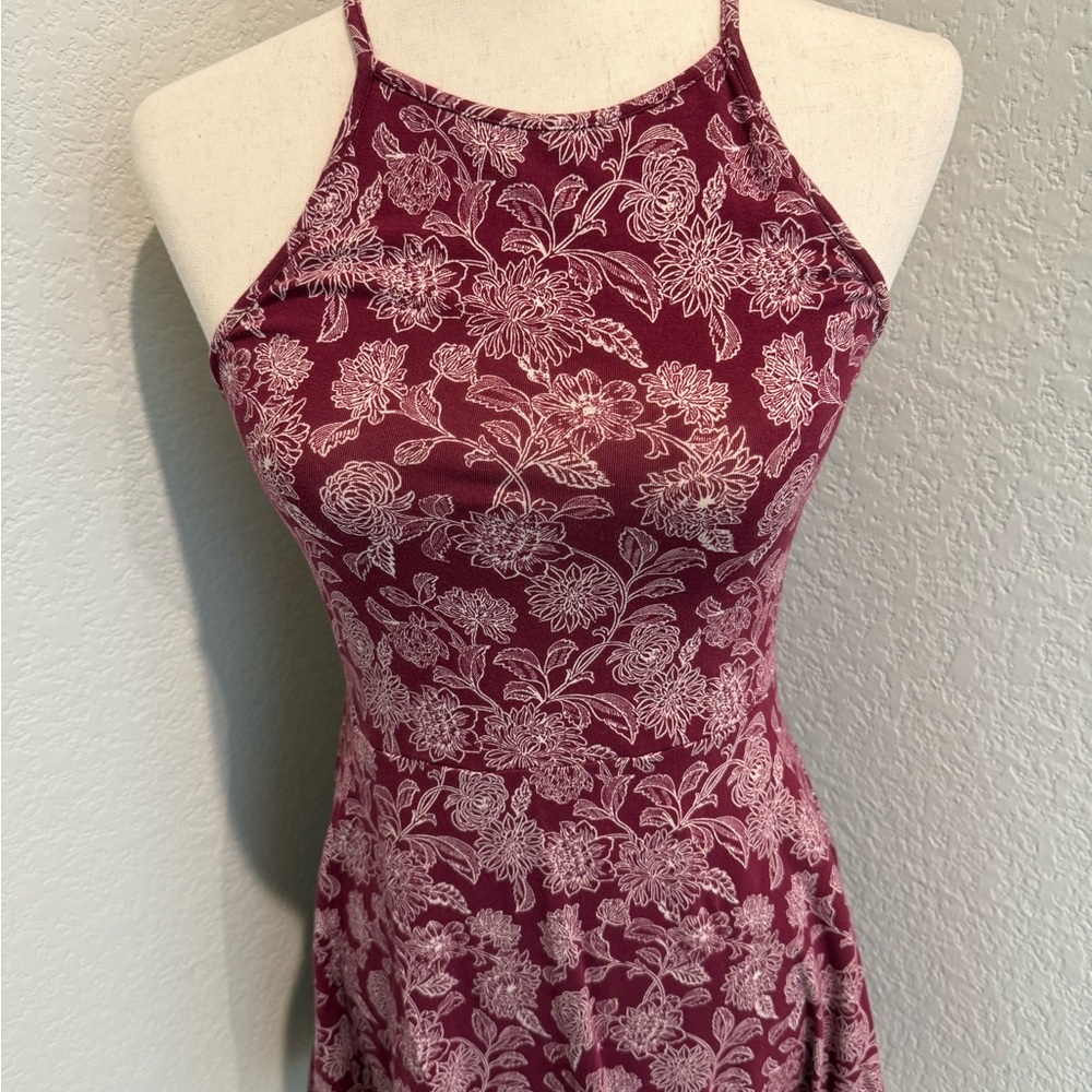 Boho Floral Halter Neck Dress - Burgundy